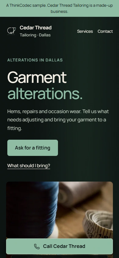 Redesigned Cedar Thread home page with a fitting action near the top