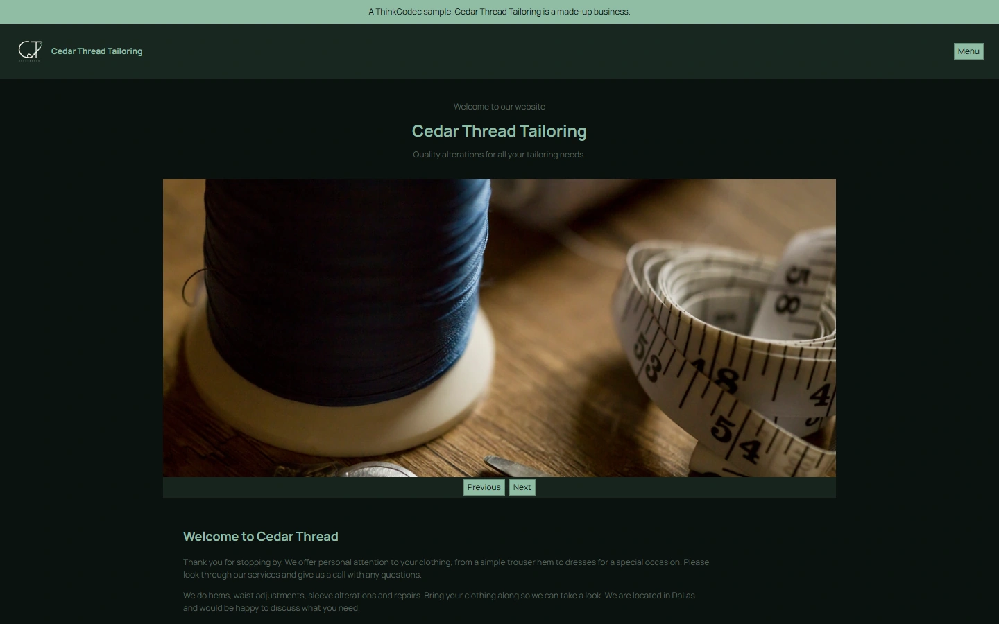 Old Cedar Thread home page at desktop width