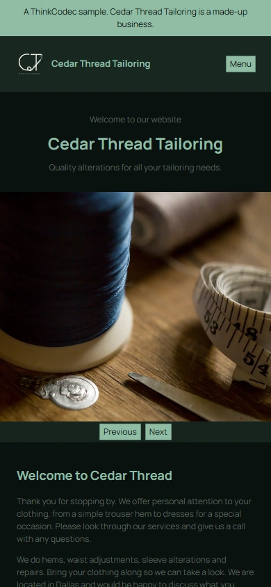 Old Cedar Thread home page with small copy and a photograph carousel