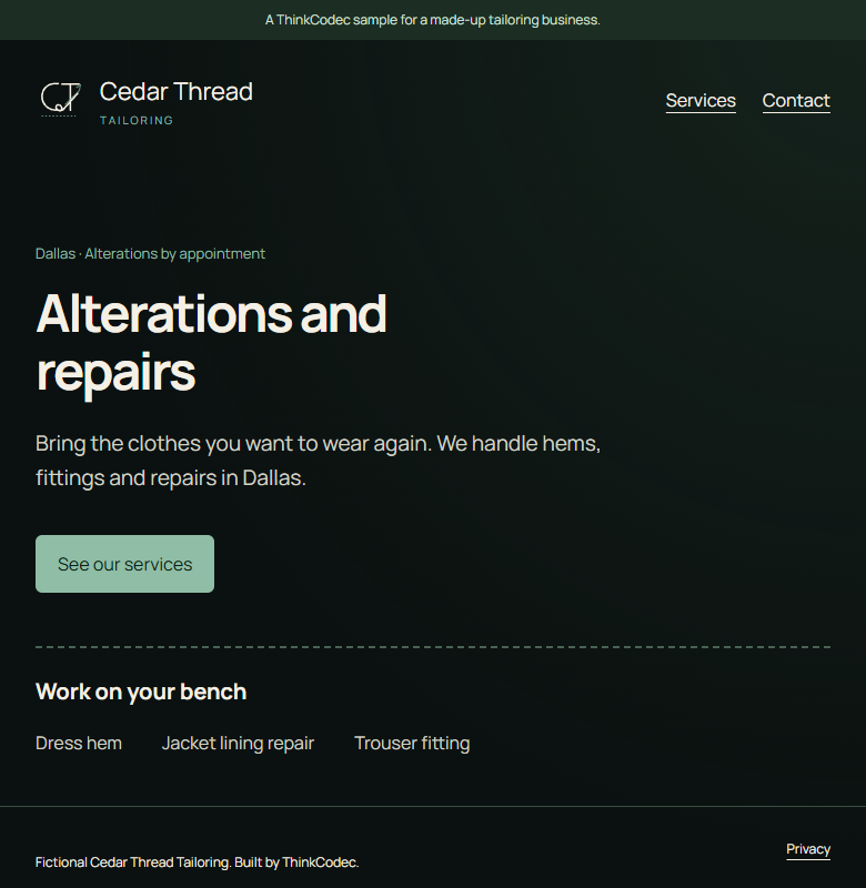 Cedar Thread website with alterations, fitting requests and a privacy link