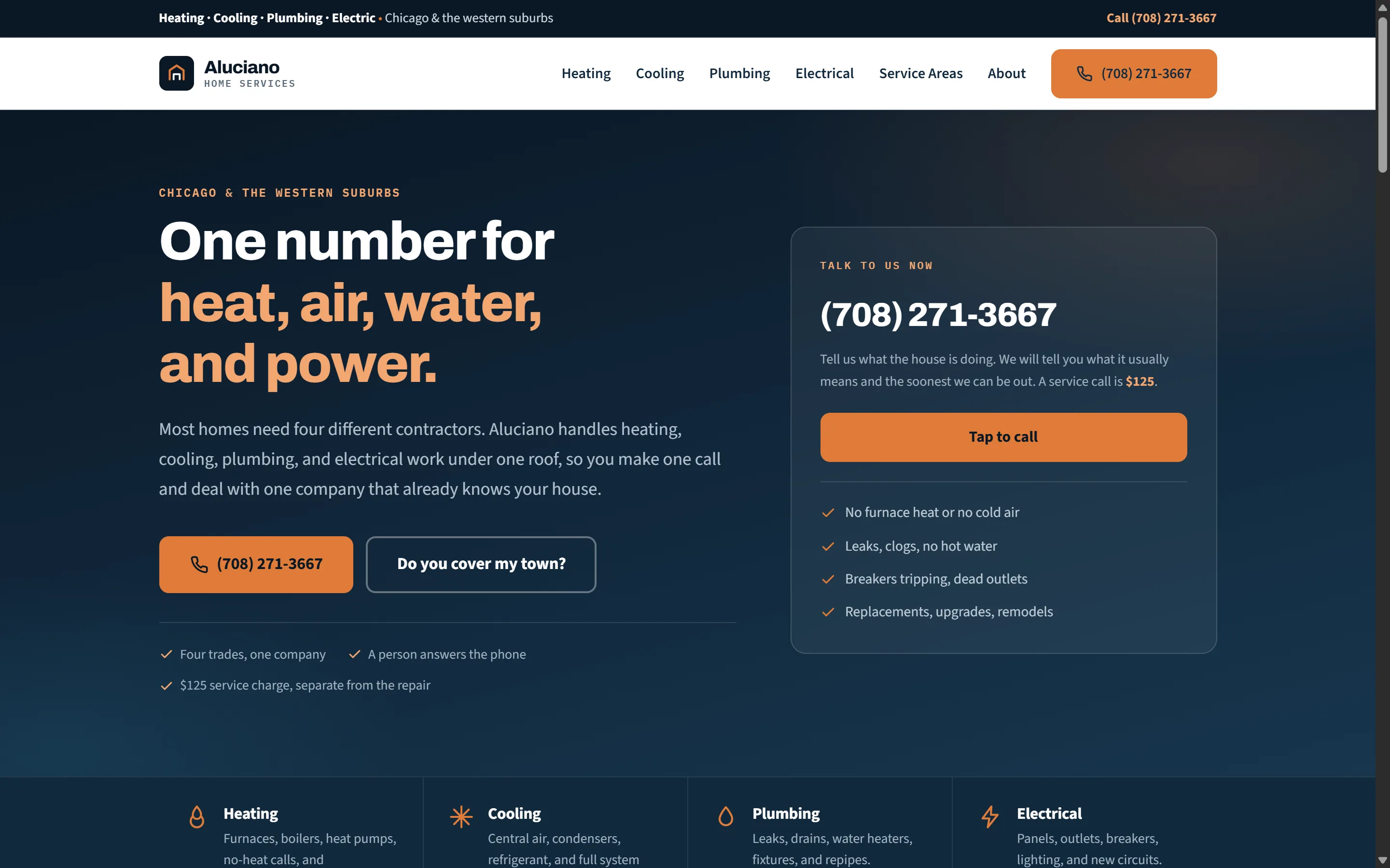 Aluciano home services website with its heating, cooling, plumbing and electric services and tap-to-call panel.