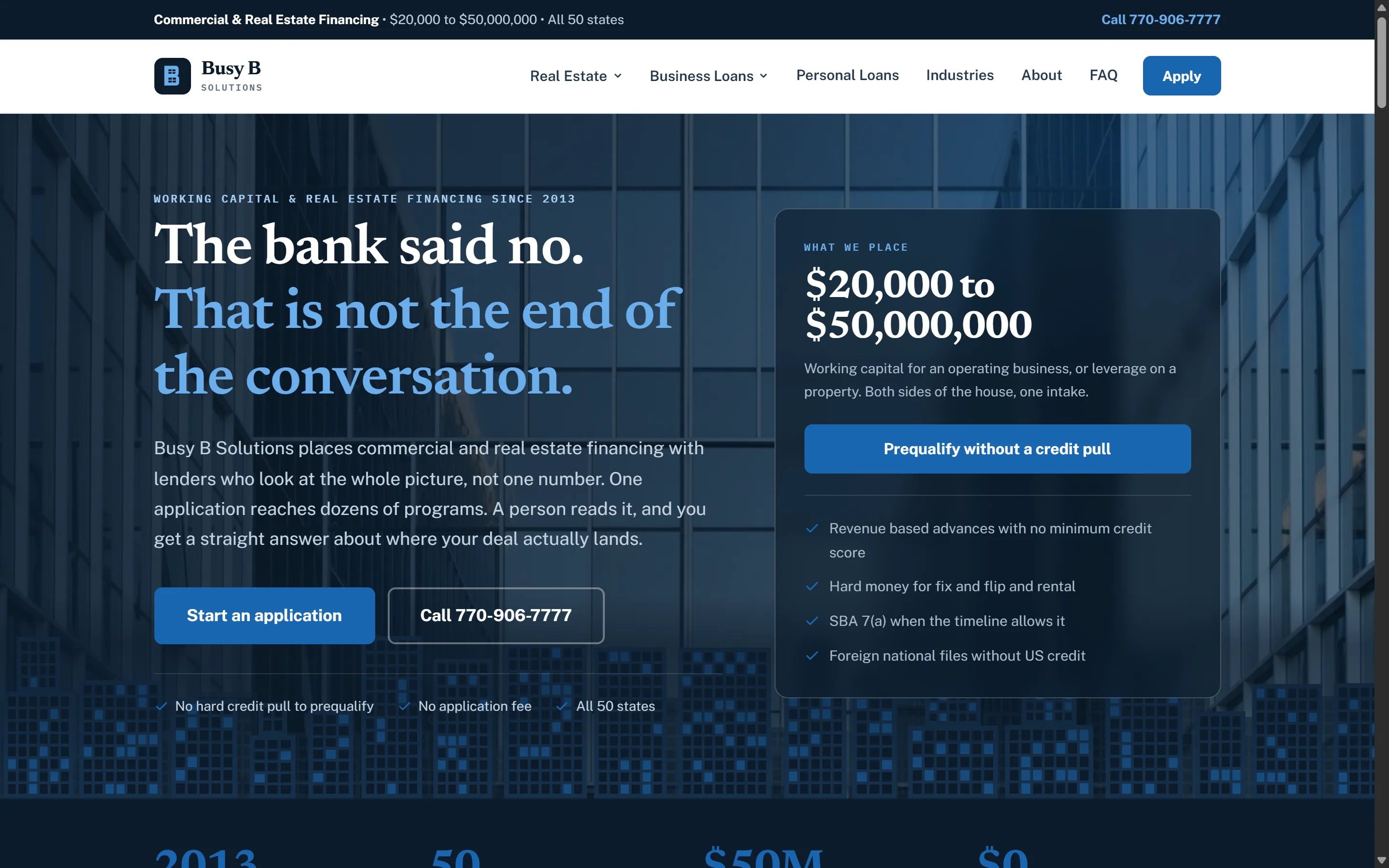 Busy B Solutions website with commercial and real estate financing navigation and an application intake button.